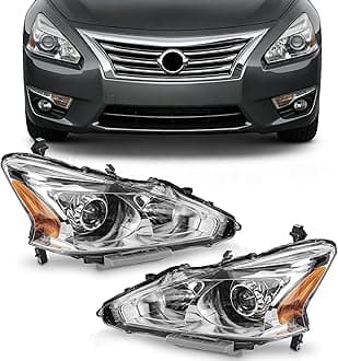 PartsFlow 2PCS Halogen Headlight Assembly Chrome Housing Headlamp Left And Right Without Bulb For 2013 2014 2015 Nissan Altima 13 14 15 Nissan Altima
