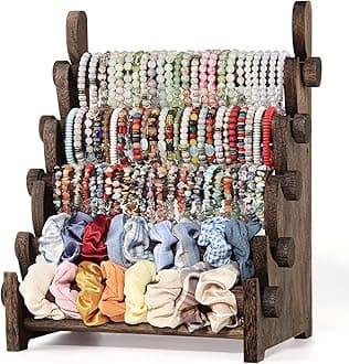 TOPNEW 5 Tier Wooden Bracelet Holder, Scrunchie Bangle Watch Necklace Display Storage Jewelry Holder Stand Display Organizer, Brown