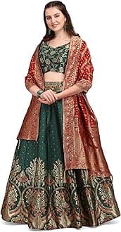 PURVAJA Women's Jacquard Semi-Stitched Lehenga choli, Dark Green, One Size
