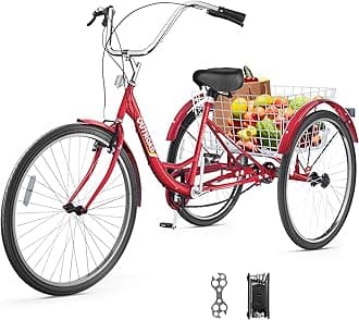 Outroad Adult Tricycle, 24/26 inch 1 Speed Cruiser Trike, 3 Wheel Bikes with Large Basket for Seniors, Women, Men, Adult Trikes for Shopping Picnic Outdoor Sports,Red Blue