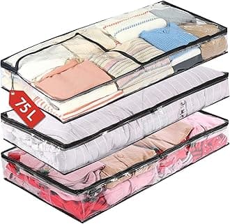 Vieshful 3 Pack Clear Underbed Storage Bags 75L Transparent Clothes Bags Large Capacity Under the Bed Clothing Containers with Reinforced Handles Zippered Organizers for Comforters Blankets Bedding