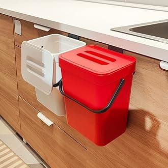 stonespace Countertop Compost Bin with Lid, Hanging Small Trash Can with Lid Under Sink，1.3 Gallon Mountable Compost Bucket, Red