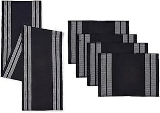 Encasa XO Table Runner and Placemats Set 4 | Fine Ribbed Cotton | Ladder Black | 1 Table Runner Size 32x137 cm & Each Table Mat Size 48x32 cm