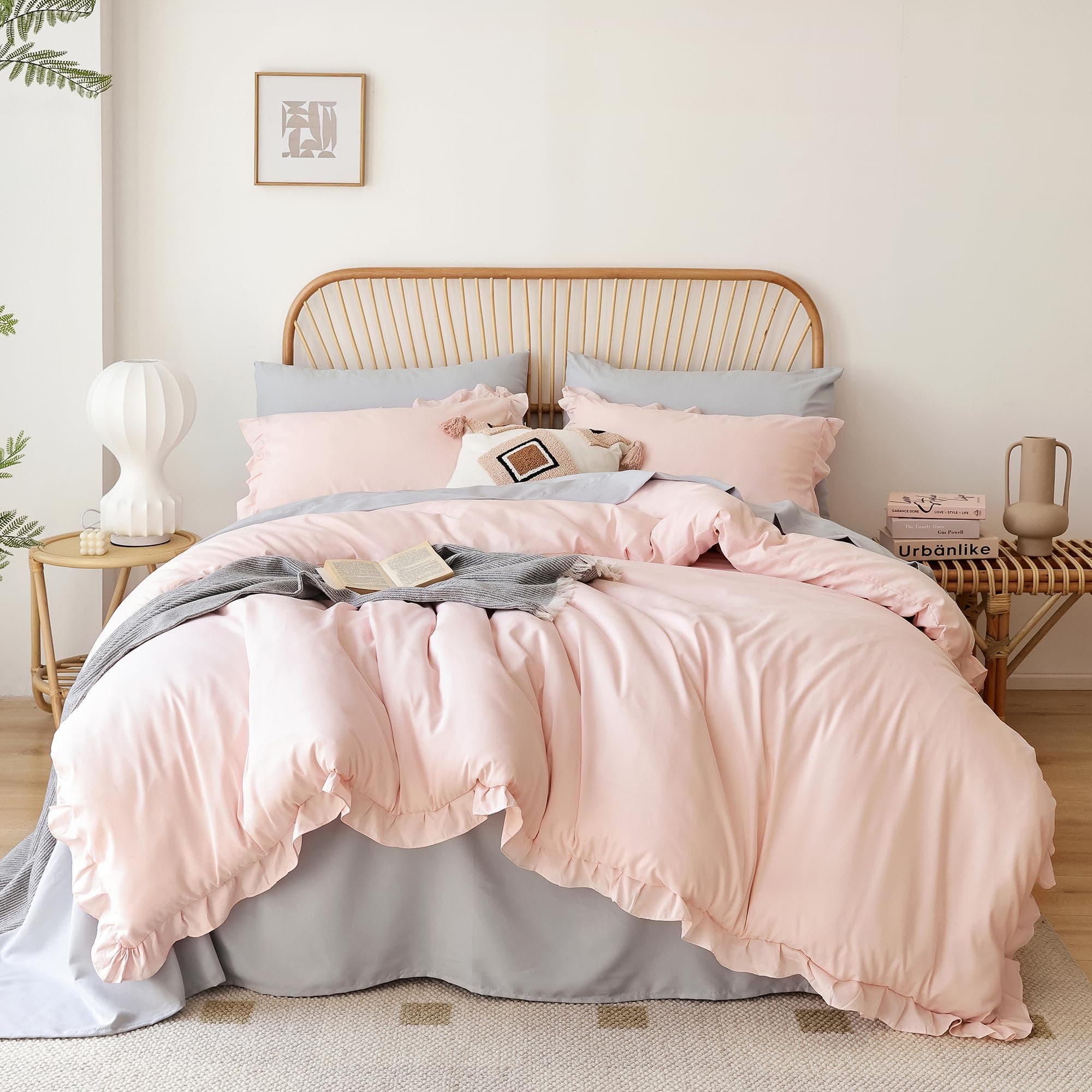 JANZAA Twin Comforter Set Pink Comforter Set 2PCS (1 Ruffled Comforter Set and 1Pillow case) Fluffy Comforter Set Vintage Farmhouse Shabby Chic Bedding Soft All Season