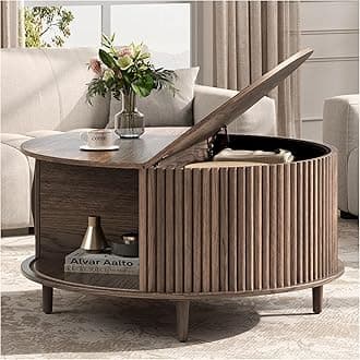 JOINICE,Round Coffee Table with Storage, 31.5" Fluted Center Table for Living Room, Modern Walnut Wood Circle Drum Table with Sliding Cabinet Door, Mid Century Furniture for Small Space
