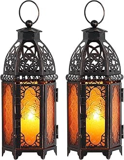 Set of 2 Moroccan Lanterns Decorative Indoor & Outdoor, 11’’ Medium Size Vintage Metal Hanging&Tabletop Candle Holder Decor, Halloween Christmas Ramadan Decorations for Home (Amber)