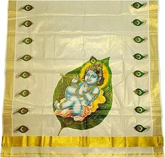 YETTALANWomen's Mural Printed Kerala Gold Tissue Saree with Running Blouse