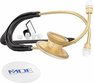 Acoustica Lightweight Stethoscope for Doctors, Nurses, Students, Home Health Use, Adult, Dual Head, Black Tube, Gold Chestpiece-Headset, MDF747XPK11