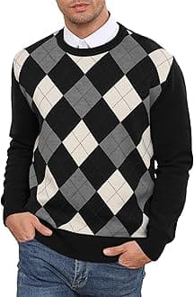 RQP Men's Crewneck Sweater Slim Fit Argyle Pattern Long Sleeve Knit Pullover Sweater for Casual Or Dressy Wear