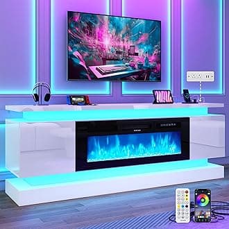 71IN LED TV Stands w/40 inch Fireplace Power Outlet for 85/80/75 Inch TVs,High Glossy Modern TV Media Console Gaming with 2 Storage Cabinets,Dual LED Lights,White