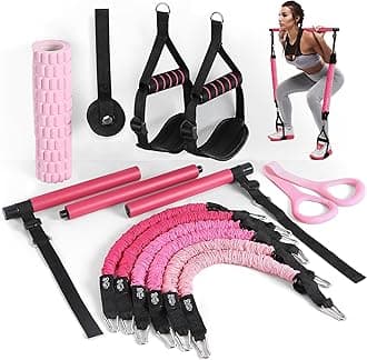 ALongSong Pilates Equipment Pilates Reformer Bar Set With 6 Elastic Resistance Bands 180LBS/240LBS/360LBS & Door Anchor for Full-Body Fitness Toning & Muscle Building | Home Workout/Gym/Travel