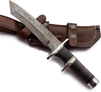 Handmade Damascus Fixed Blade Knife for Hunting,Survival,Tactical,Camping,Skinning,and Fishing with Tanto Blade-Full Tang Micarta Handel with Cowhide-Leather Sheath - DCX17-20