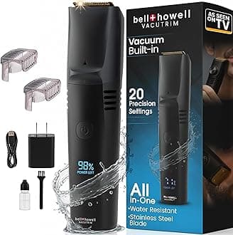 - Bell+Howell Vacutrim Deluxe Cordless Mens Beard Trimmer, Rechargeable Electric Shaver with 20 Trim Setting and Built-in Vacuum for Mustache, Sideburns. Facial Hair, Black, 7.5", As Seen On TV