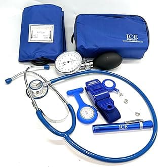 Aneroid Blood Pressure Sphygmomanometer Monitor, Stethoscope, Pen Light (Pen Torch), Tourniquet, Nurse Watch, Lanyard ID Card Holder - Starter Set (Blue with Silicone Watch)