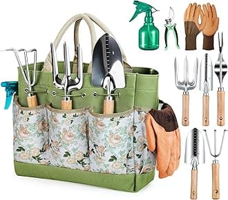 Gardening Tools 9-Piece Heavy Duty Garden Hand Tools with Fashion and Durable Garden Tools Organizer Handbag, Rust-Proof Garden Tool Set, Ideal Gardening Gifts for Women