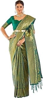 Womens Kanjivaram Silk Saree with Zari Woven Saree With Blouse Piece