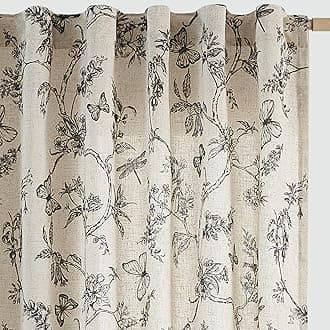jinchan Floral Linen Curtains for Living Room 96 Inch Length Printed Toile Curtain Black Light Filtering French Country Farmhouse Curtain Flower Patterned Drapes Bedroom Back Tab Rod Pocket 2 Panels