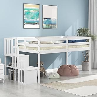 Bellemave Low Loft Bed for Kids,Twin Size Loft Bed with Storage Staircase,Wood Loft Bed Frame for Boys Girls Teens(White)