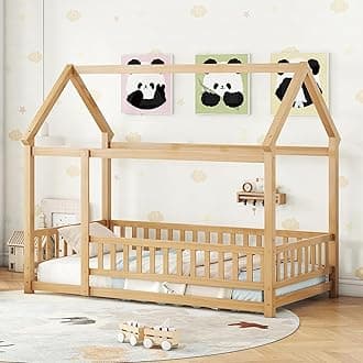 Twin Size House Floor Bed Frame,Wooden Montessori Floor Bed with Fence for Kids,Twin Size Kids Bed,Natural