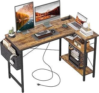 TIQLAB 47" Small Corner Desk with Power Outlet, Right Angle Desk with Reversible Shelf, Gaming Desk, Computer Table, Study Room, Writing Desk, Home Office, Small Space, Rustic Brown
