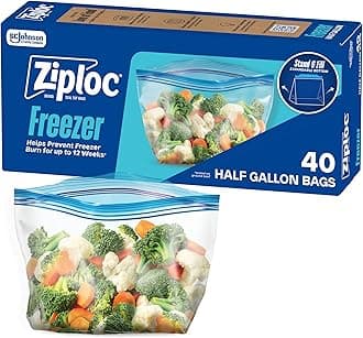 Ziploc Half Gallon Food Storage Freezer Bags, Easy Open and Close, 40 Bags Total