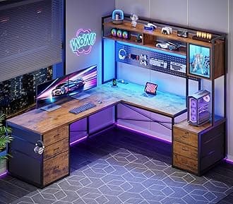 SEDETA L Shaped Gaming Desk with 6 Drawers, Reversible Computer Office Desk with File Drawer, Hutch, Storage Shelves, Gaming Corner Desk with Led Lights, Power Outlet for Two Person, Rustic Brown
