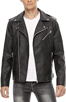 Fahsyee Leather Jackets for Men, Faux Bomber Jacket Mens Motorcycle Lapel Asymmetric Zip-Up Belt Slim Fit Biker Coat