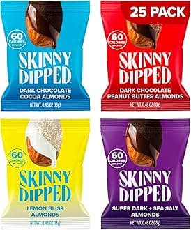 - SkinnyDipped Snack Attack Minis Almond Variety Pack, Healthy Snack, Plant Protein, Gluten Free, 0.46 oz Mini Bags, Pack of 25