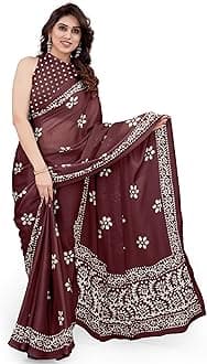 MIRCHI FASHIONWomen's Latest Chiffon Batik Printed Saree with Blouse Piece, Wine, Off White, One size, Wine, Off White, One Size