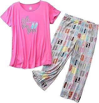 Inadays Womens Cotton Pajama Sets Short Sleeve Top With Capri Pants 2 piece sets for Women Summer Pajamas Lounge Set