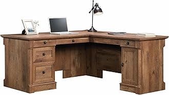Palladia L Shaped Desk with Drawers, Office Desk with File Cabinet Storage, Cable Management, Keyboard Tray, in Vintage Oak Finish