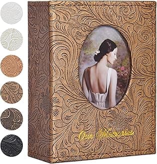 RECUTMS Photo Album 100 4x6 Pockets, Small Mini Capacity Retro Leather Photo Book with White Pages Hold 100 Vertical Photos for Family Wedding Baby (Bronze Yellow)