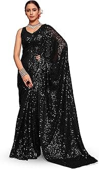 Zeel Clothing Women's Sequins Work Heavy Georgette Saree with Blouse (Latest-Sequins-Party-Saree, Free, Many Colors)