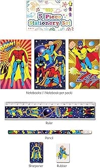 5 Piece Stationery Set - Pencil, Sharpener, Rubber, Ruler, Notepad (Superhero)