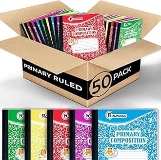 Composition Notebooks Primary Ruled 50 Pack, 200 Pages (100 Sheets), Color Marble Composition Notebook, Grades K-2, Bulk Primary Composition Notebook, Writing Dotted Lined