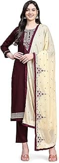 TRENDMALLSWomen's Jam Cotton Embroidery Salwar Suit Set Kurta Pant with Dupatta Purple Kurta Set for Women