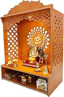 - Beautiful Wooden Temple | MDF Pooja MANDIR for Home and Office use with LED SPOT Light | Engineered Wood Pooja Stand with Storage Shelves | (Size - H 21 x L 16 x W 9 inch) S15