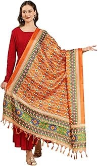 Women's Patola Printed Art Silk Dupatta Free Orange