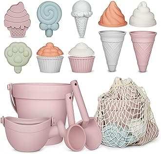 MarcZero 17Pcs Silicone Beach Toys,Modern Baby Beach Toys,Travel Friendly Beach Set,Silicone Bucket, Watering Can, Shovel, 12 Sand Molds, Beach Bag,Silicone Sand Toys for Toddlers, Kids (Pink)