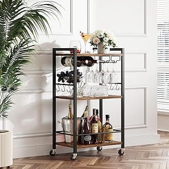 TUTOTAK Bar Cart, Home Bar Serving Cart with 3-Tier Shelf, Drink Cart with Wine Rack, Glass Holder, Rolling bar carts for The Home, Living Room, Brown BC01BB035
