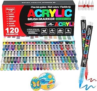 120 Colors Direct Liquid Soft Tip Acrylic Marker, Acrylic Paint Marker, Brush Tip, Acrylic Paint Pens, Ideal for Stone Pating, Canvas, Glass, Wood, Stone, Fabric, Plastic, DIY Crafts