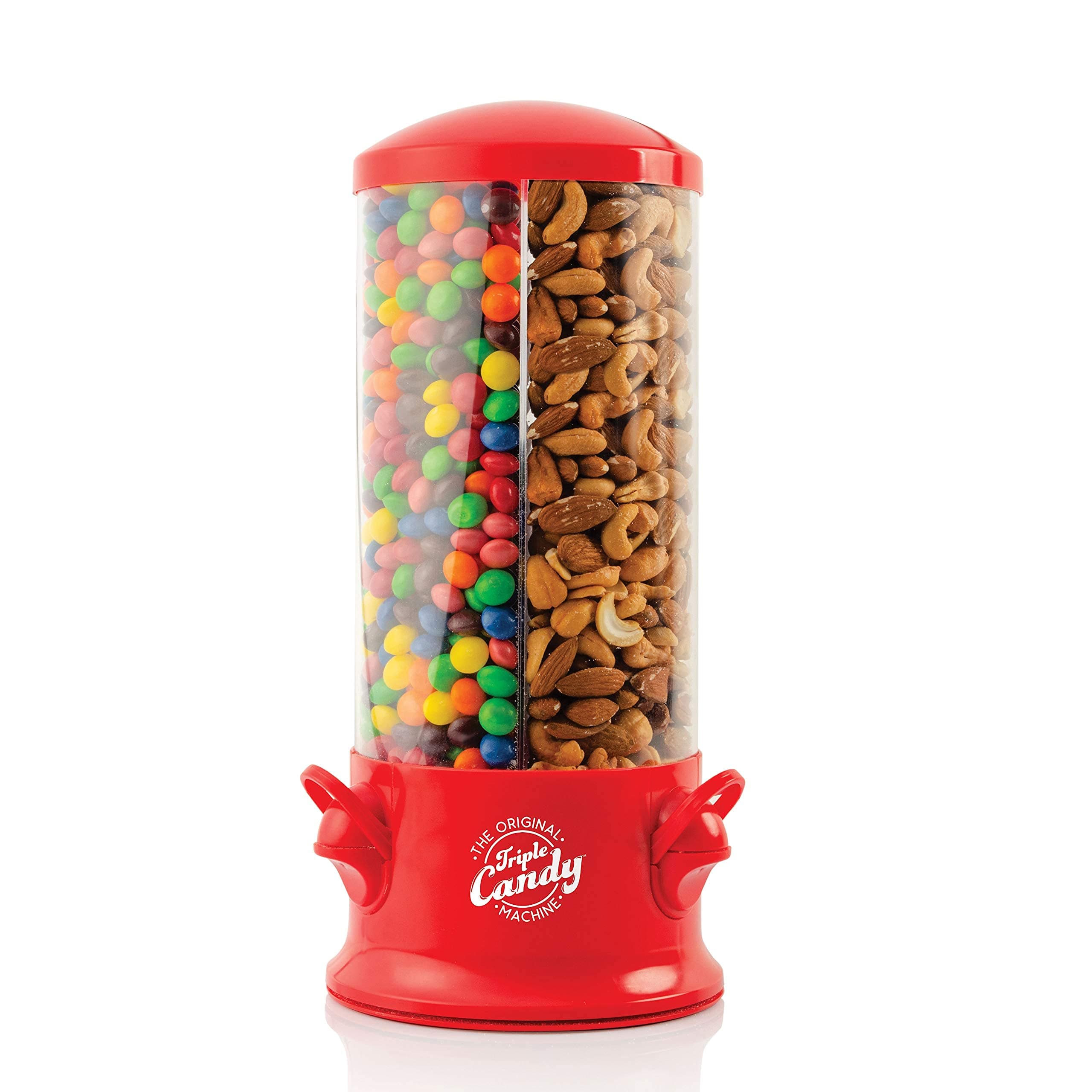 The Original Polystyrene Triple Candy Machine - Fun Candy & Nut Dispenser - New & Improved (Red) - 360 Degree and 3 Compartments