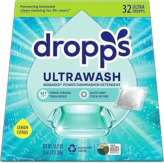 Dropps UltraWash Dishwasher Detergent Pods, Lemon Citrus (32 Ct) - Cuts Grease & Stuck-On Food | Sparkling Dishes & Glasses | Residue-Free | Clean Ingredients | No Pre-Rinse | Plastic Free Packaging