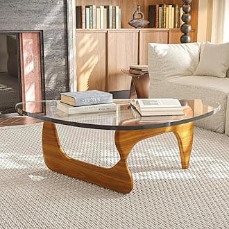 Modern Coffee Table,Glass Coffee Table for Living Room, Large Unique Wooden Center Table with Wood Legs, Mid Century Triangle Coffee Tables, Rustic Vintage Coffee Tables (Walnut Transparent, 45in)