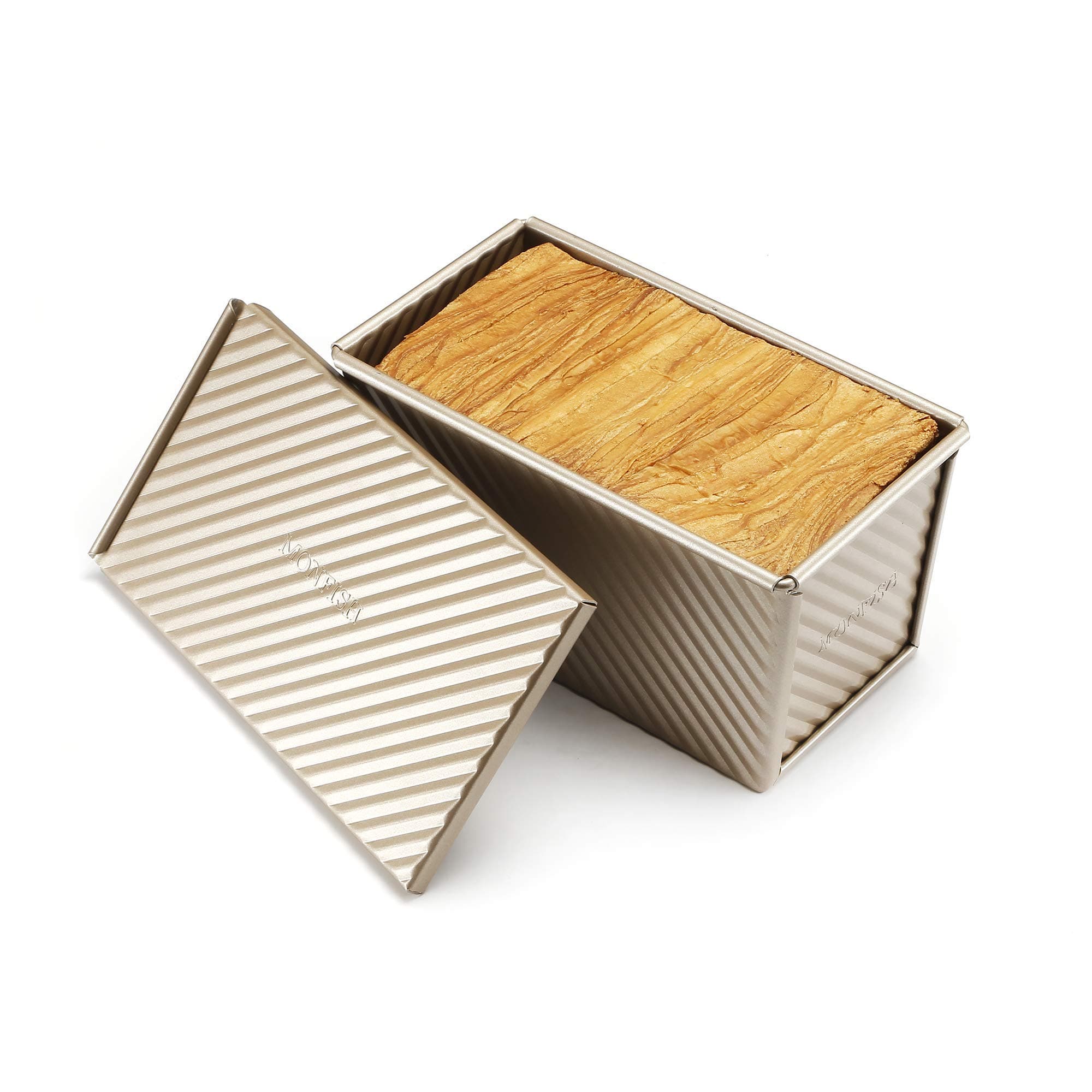 Pullman Loaf Pan w Cover Bread Toast Mold Non Stick Gold Aluminized Steel 8.35x4inch