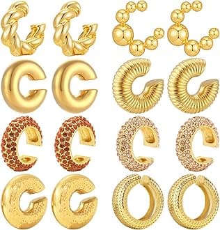 NEWITIN 8 Pairs Chunky Gold Ear Cuff Earrings for Women Trendy Thick Ear Cuffs Non Piercing Clip On Earrings Large Cuff Earring Cartilage Clip for Women