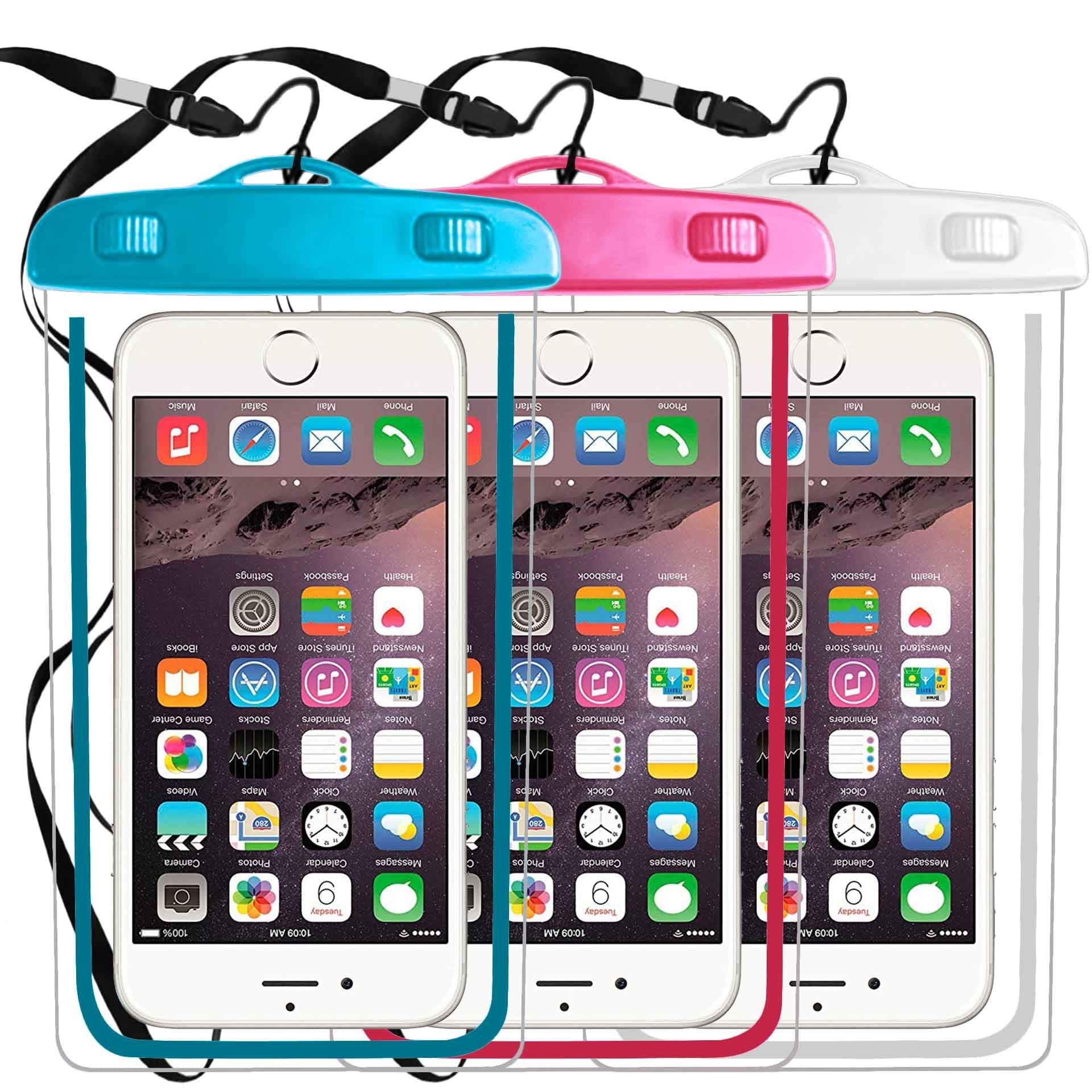 3 Pack IPX8 Universal Waterproof Case Compatible with iPhone 11 PRO MAX X XS MAX XR/8/8plus 7/6plus,Galaxy S9 s8/s7 Smartphone diagonal to 6.3",Water Parks/Beach/Cruise/Pools Snorkeling-whie+pink+blue