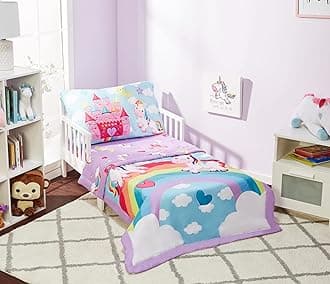 Everyday Kids 4 Piece Toddler Bedding Set - Unicorn Dreams - Includes Comforter, Flat Sheet, Fitted Sheet and Reversible Pillowcase