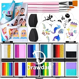 Professional Face Painting Kit for Kids Adults, Split Cake Face Paint Palette 12 x 10gm with Stencil, One Stroke Non Toxic Rainbow Face Body Paint Set Festival Makeup