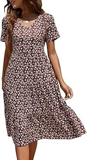 Women's Casual Summer Tiered Midi Dress 2025 Short Sleeve V-Neck Loose Cotton Ruffle Babydoll Dress Boho Sundress